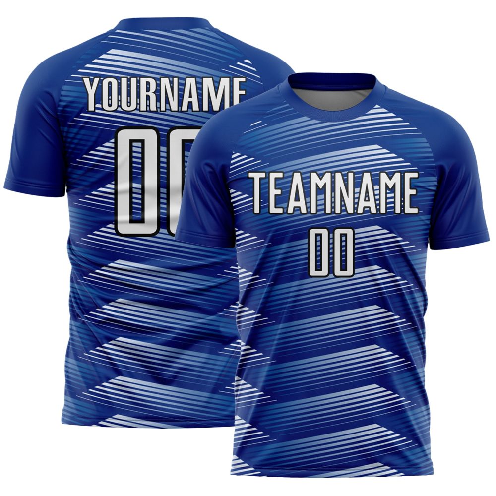 Custom Royal White-Black Stripe Line Sublimation Soccer Uniform Jersey